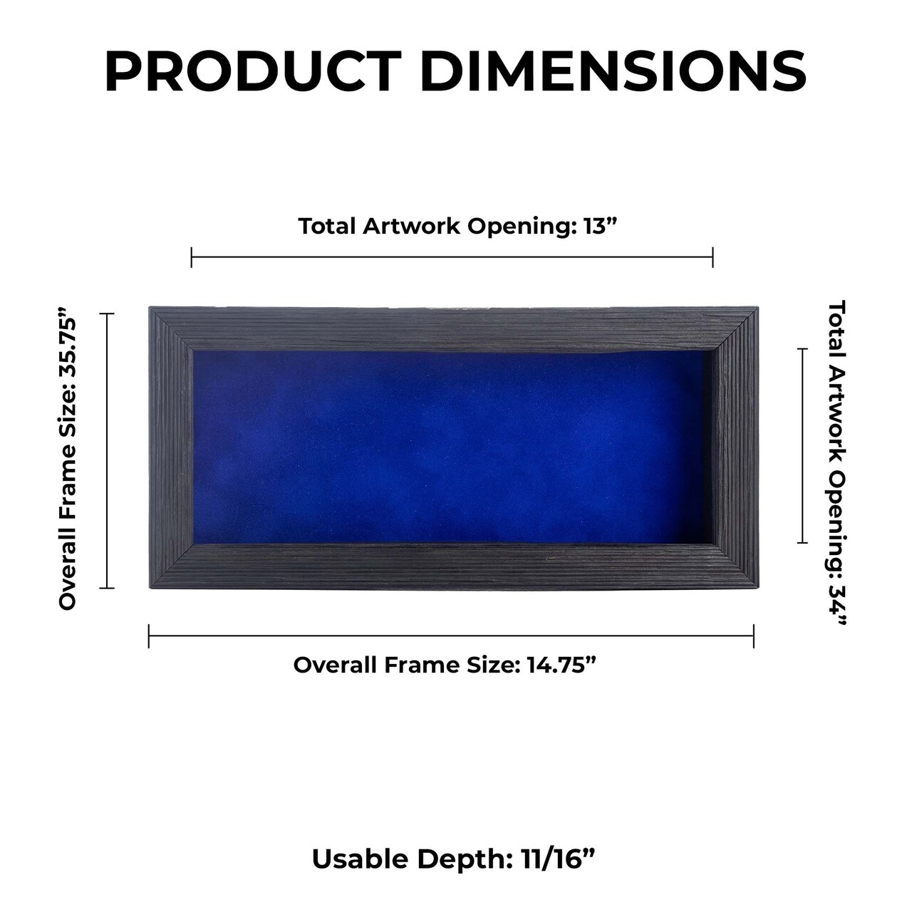 Rustic Black Wood Shadow Box Frame with Acrylic Front - Royal Blue Suede Backing, 30 Sizes